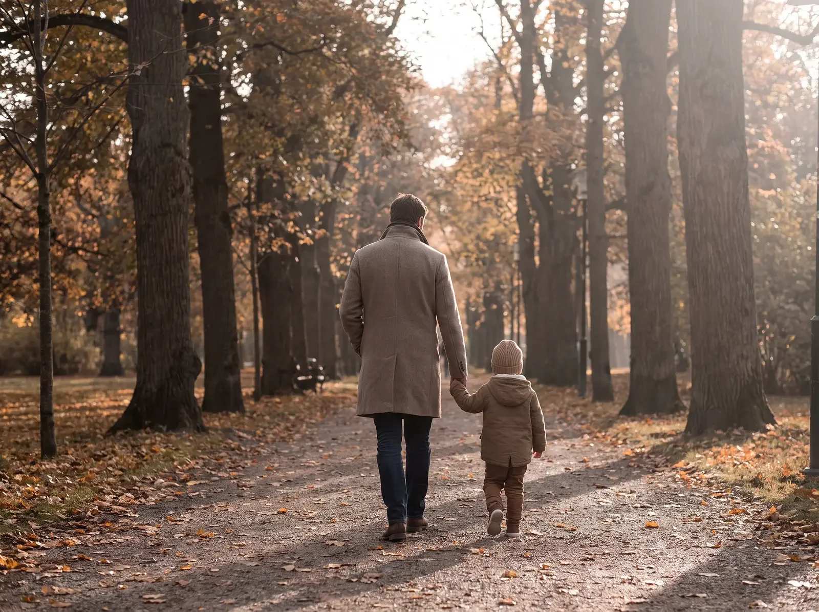 En vuxen och ett barn håller hand och promenerar på en lövtäckt stig i en höstpark