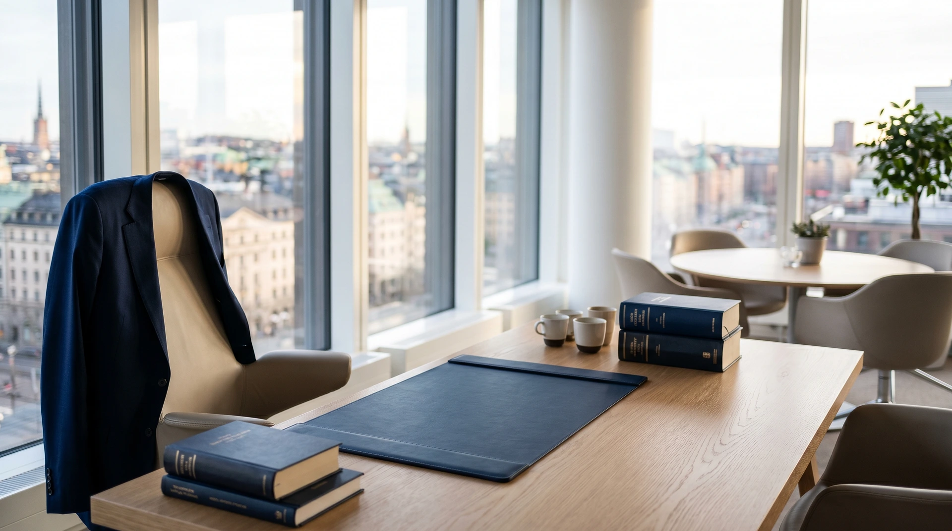 Modernt kontor med skrivbord, böcker och stadsutsikt genom stora fönster.